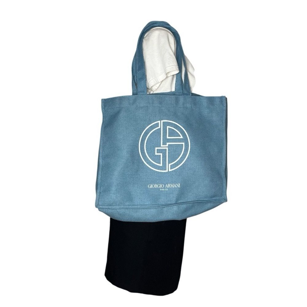 GIORGIO ARMANI Blue Tote Bag Beach Bag Recycled Polyester 2 Straps Inner Pocket
